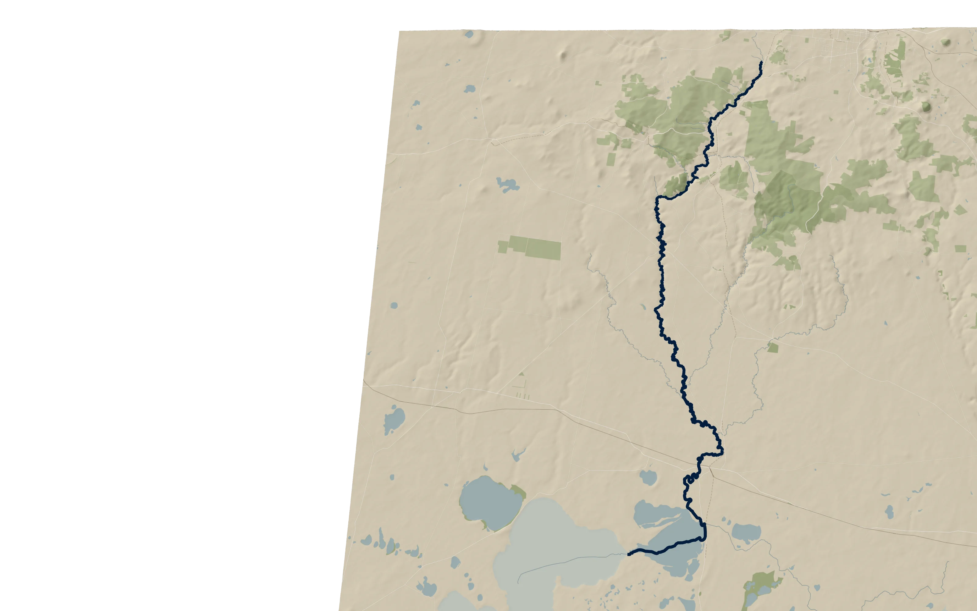 A model of the Woady Yaloak country from the south: the river running down from Haddon at the top, through the wooded hills past Smythesdale and Scarsdale, out across the plain past Pitfield and Cressy, to Lake Martin and Lake Corangamite at the bottom.